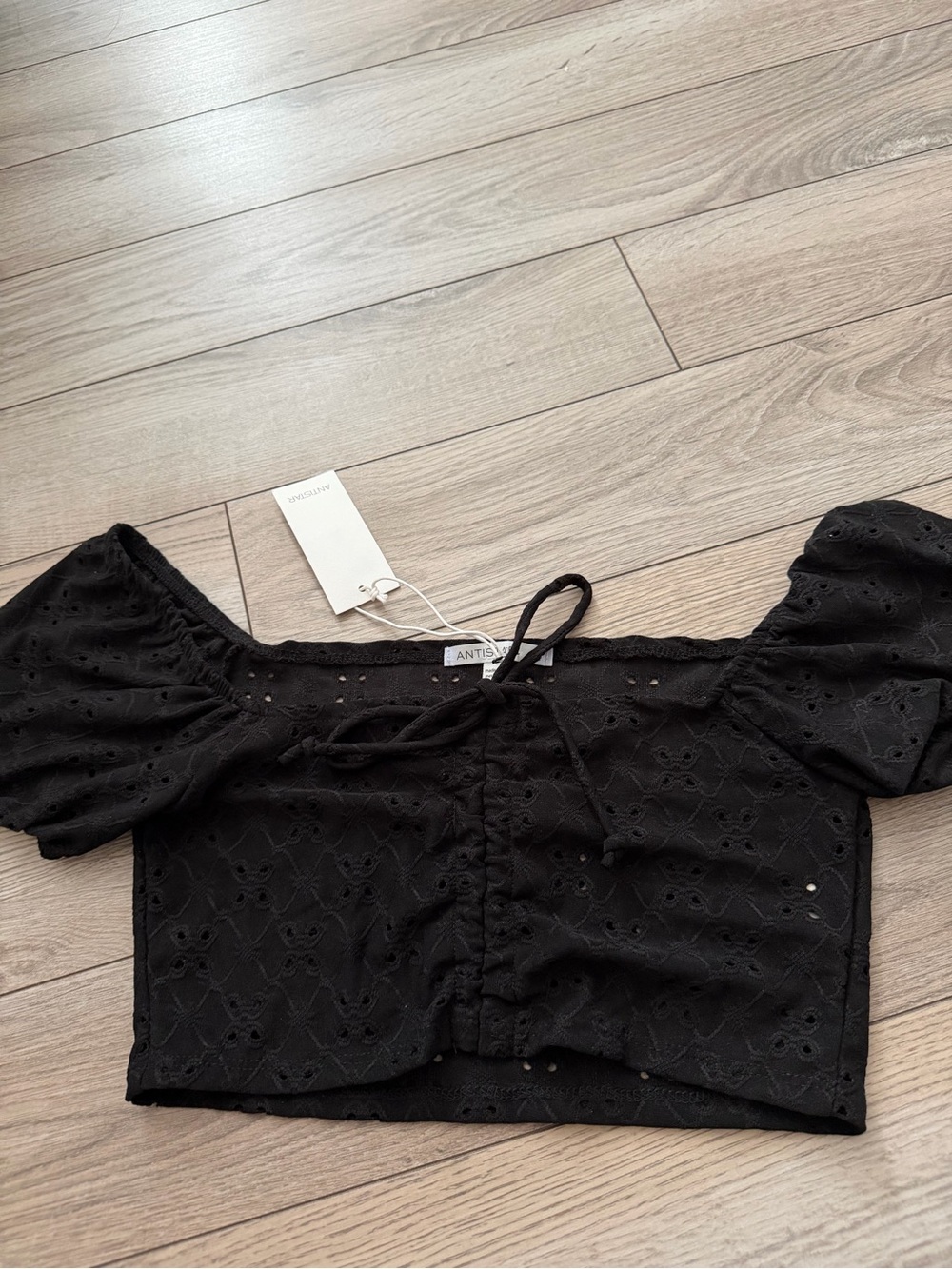 Antisocial Black Eyelet Puff-Sleeve Tie-Front Crop Top